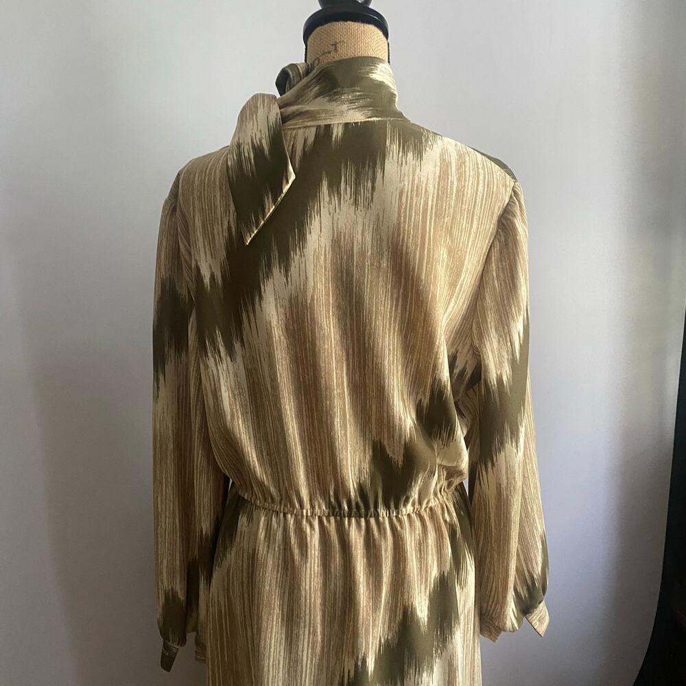 Vintage 70s Abstract Midi Dress High Neck Side Bow Olive Taupe M - Picture 8 of 17